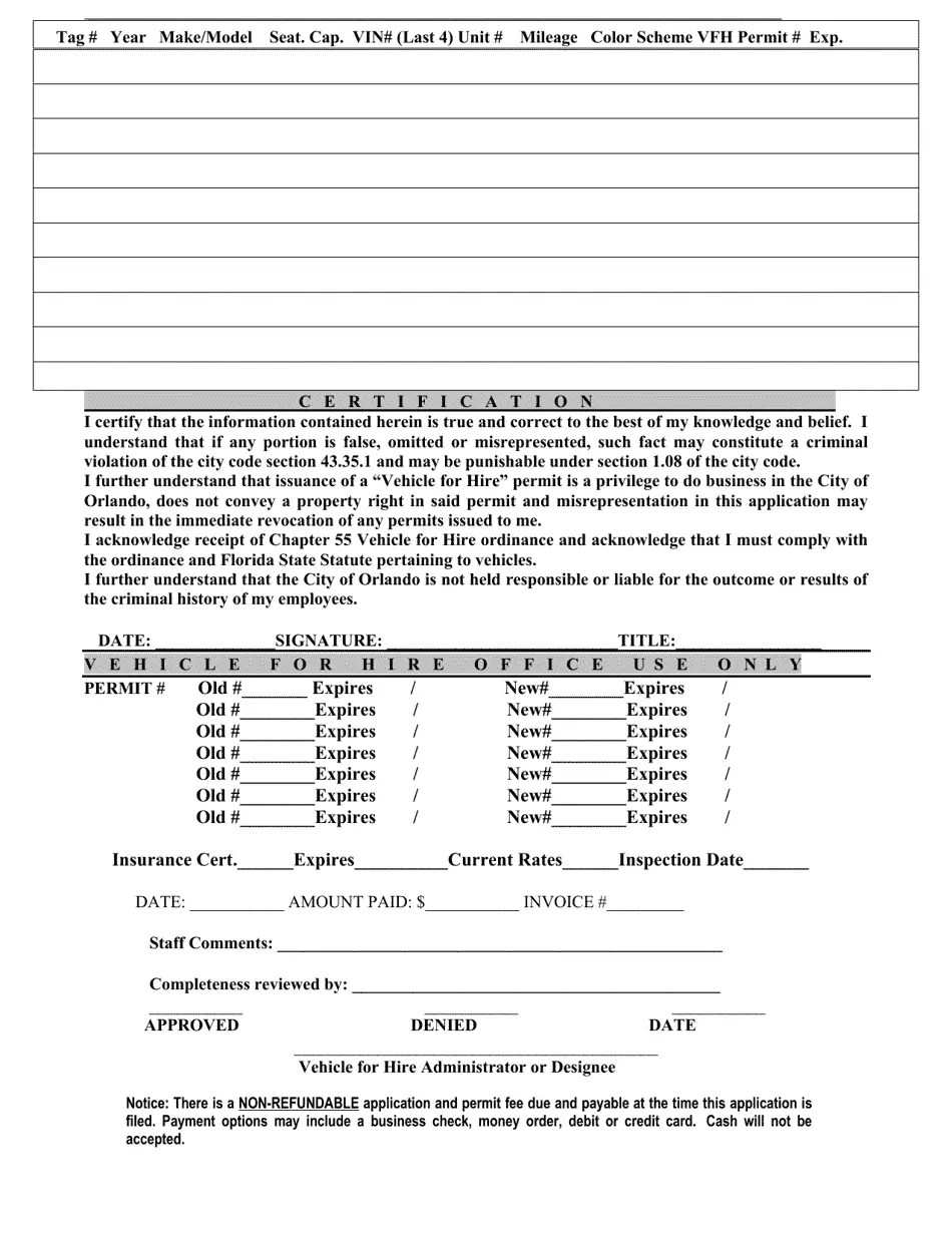 City of Orlando, Florida Vehicle for Hire Permit Application Fill Out