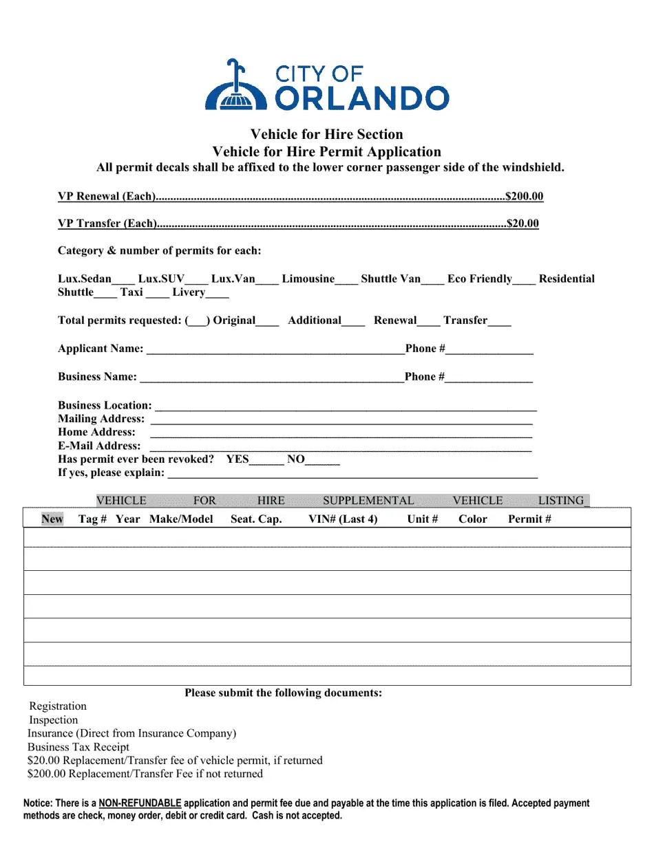 City of Orlando, Florida Vehicle for Hire Permit Application Renew or Transfer Fill Out