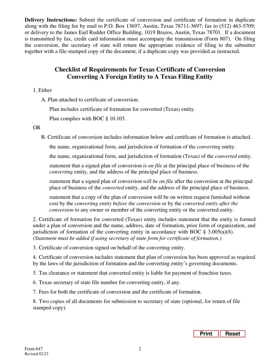 Form 647 Download Fillable PDF or Fill Online Checklist of Requirements