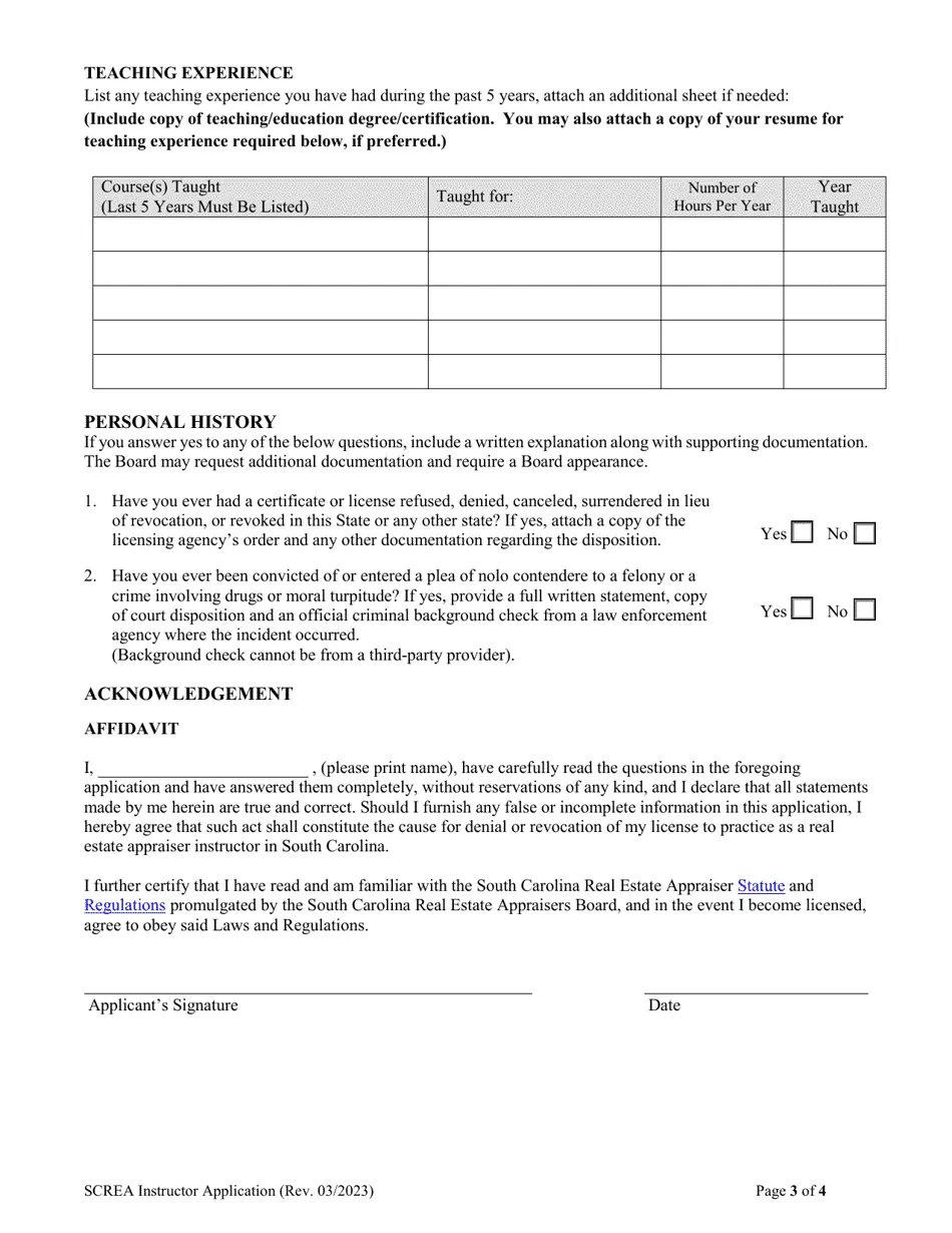 South Carolina Sc Real Estate Appraiser Instructor Application Fill
