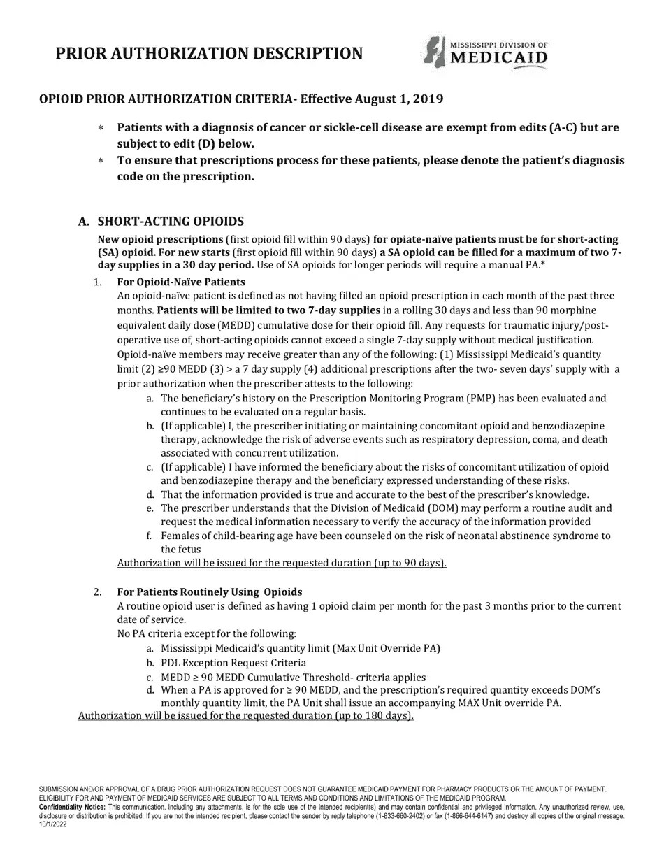 Mississippi Prior Authorization Packet Opioids Fill Out, Sign Online and Download PDF