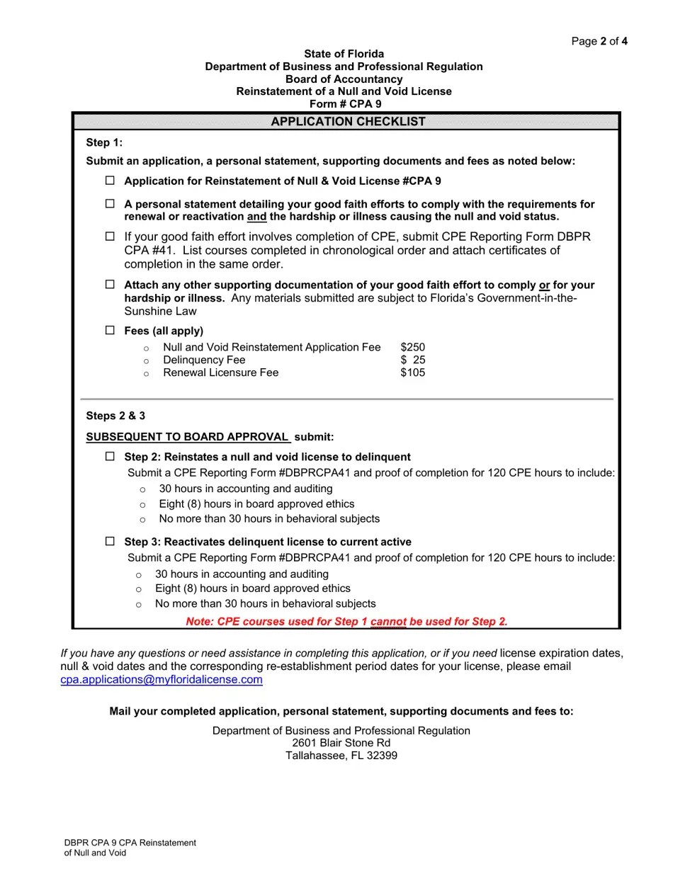 Form DBPR CPA9 Download Printable PDF or Fill Online Reinstatement of a