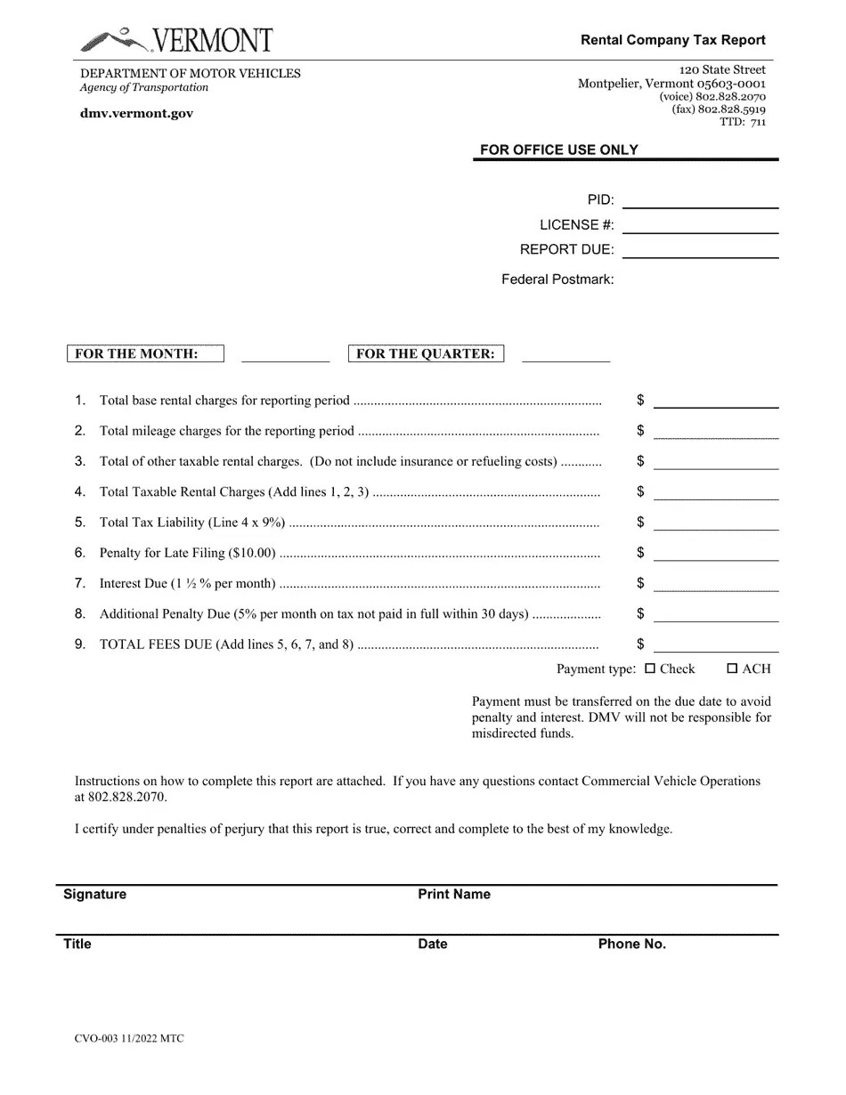 Form CVO003 Download Fillable PDF or Fill Online Rental Company Tax