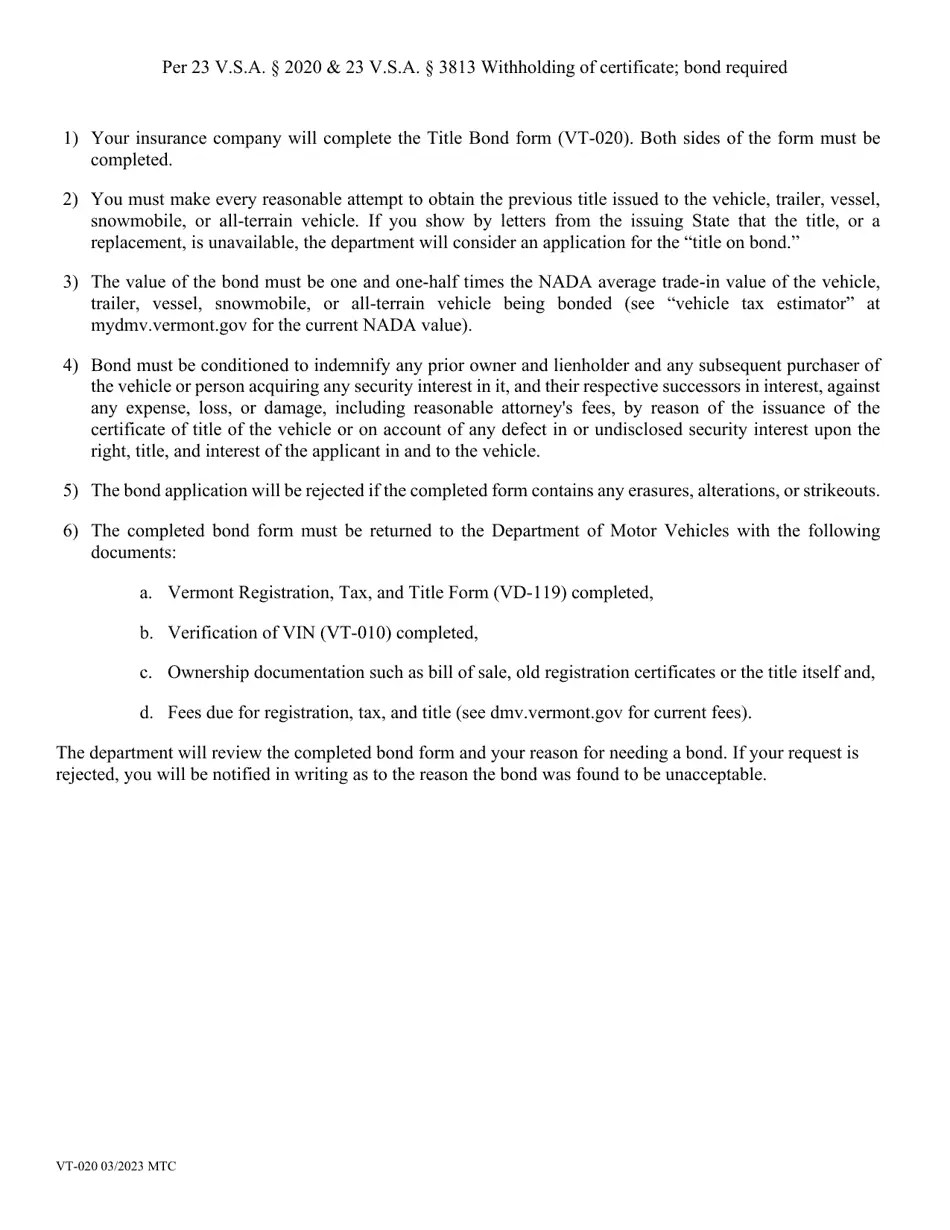 Form VT020 Fill Out, Sign Online and Download Printable PDF, Vermont