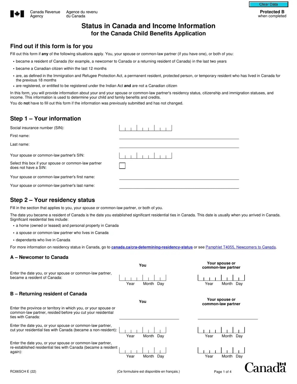 Form RC66SCH Download Fillable PDF or Fill Online Status in Canada and