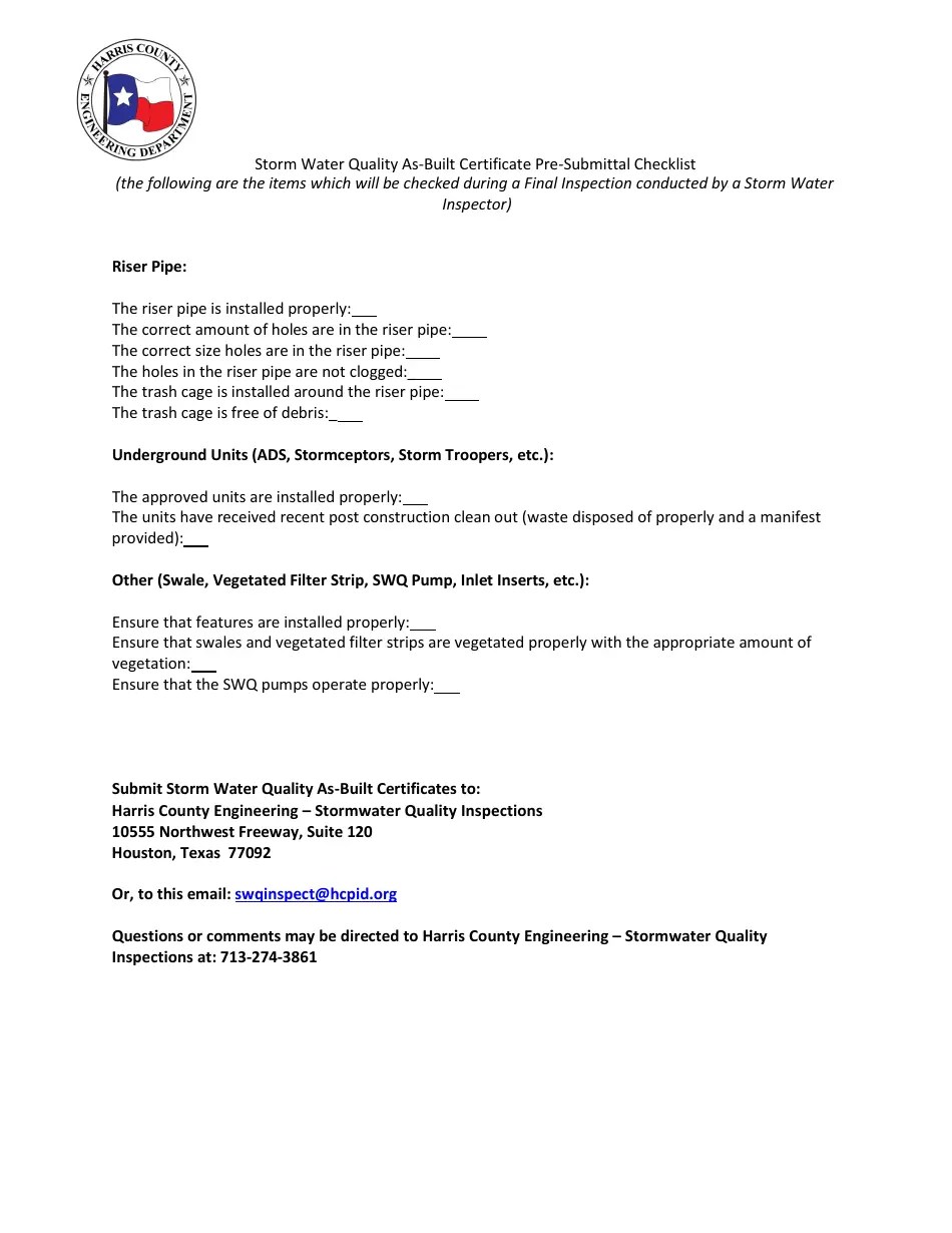 Harris County, Texas Storm Water Quality asBuilt Certificate Pre