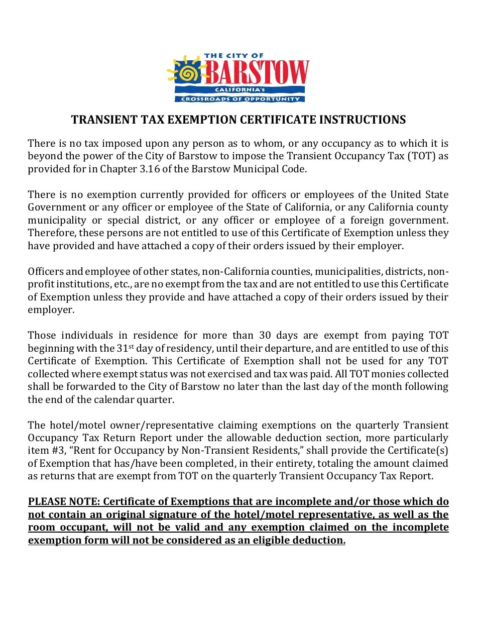 City of Barstow, California Transient Occupancy Tax Certificate of