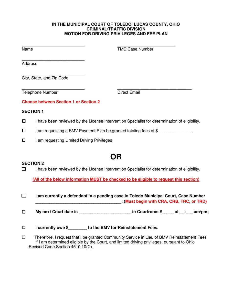 City of Toledo, Ohio Motion for Driving Privileges and Fee Plan Fill