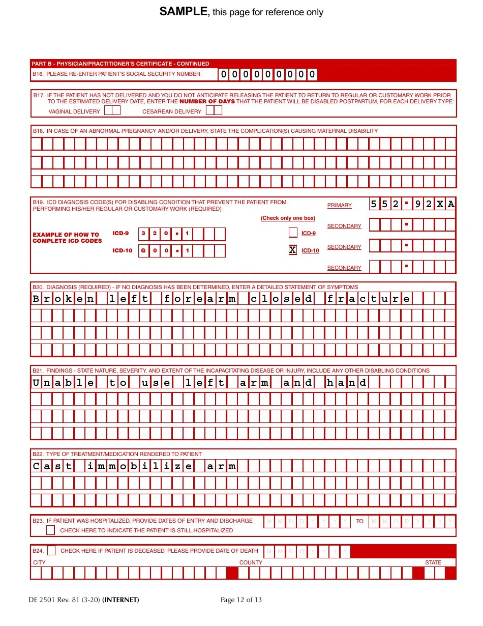 Form DE2501 Download Printable PDF or Fill Online Claim for Disability(06)