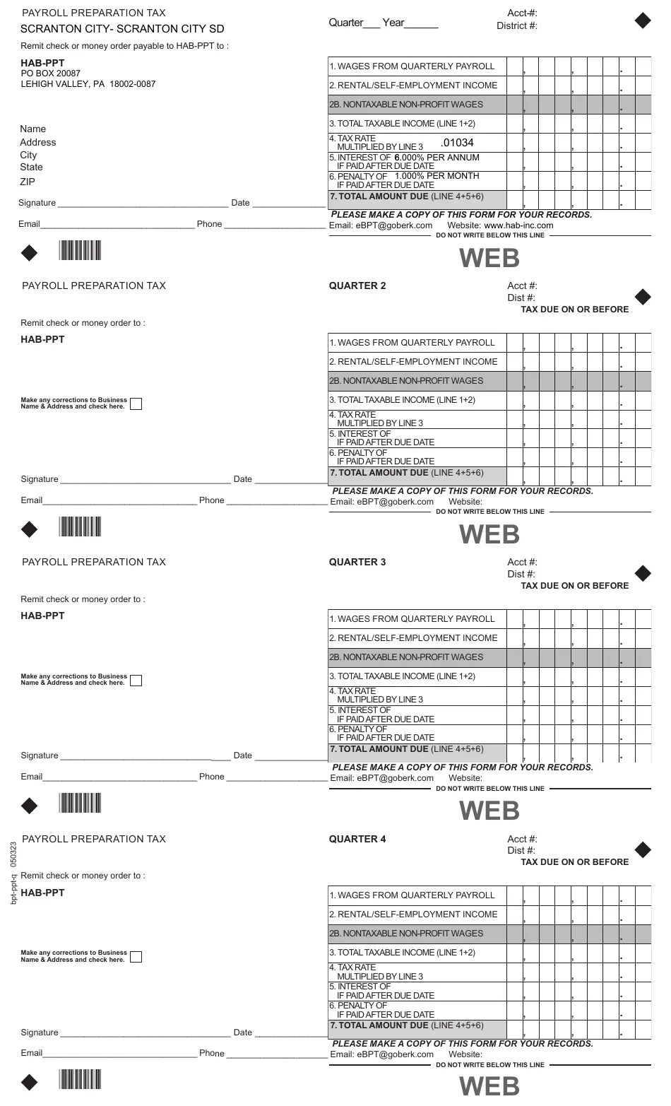 Pennsylvania City of Scranton Payroll Preparation Tax Form Fill Out