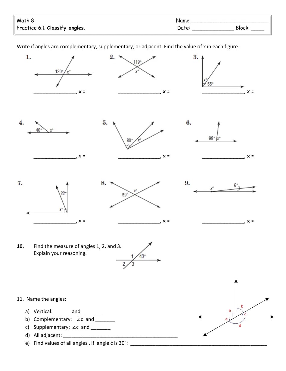 Math 8 Classify Angles Worksheet Download Printable PDF Templateroller