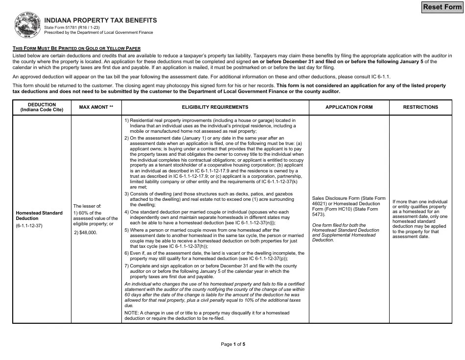 State Form 51781 Download Fillable PDF or Fill Online Indiana Property Tax Benefits, Indiana