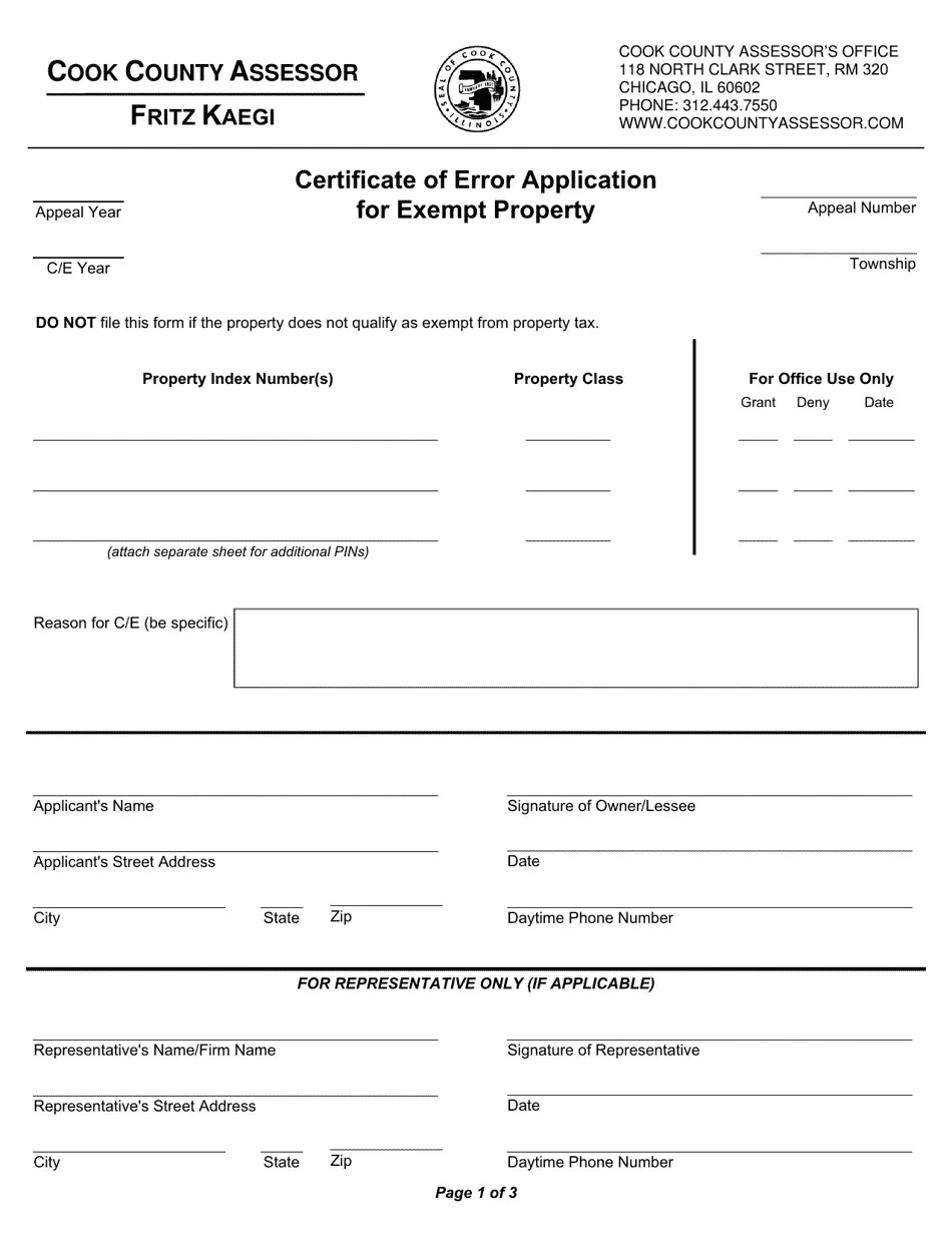 Cook County, Illinois Certificate of Error Application for Exempt