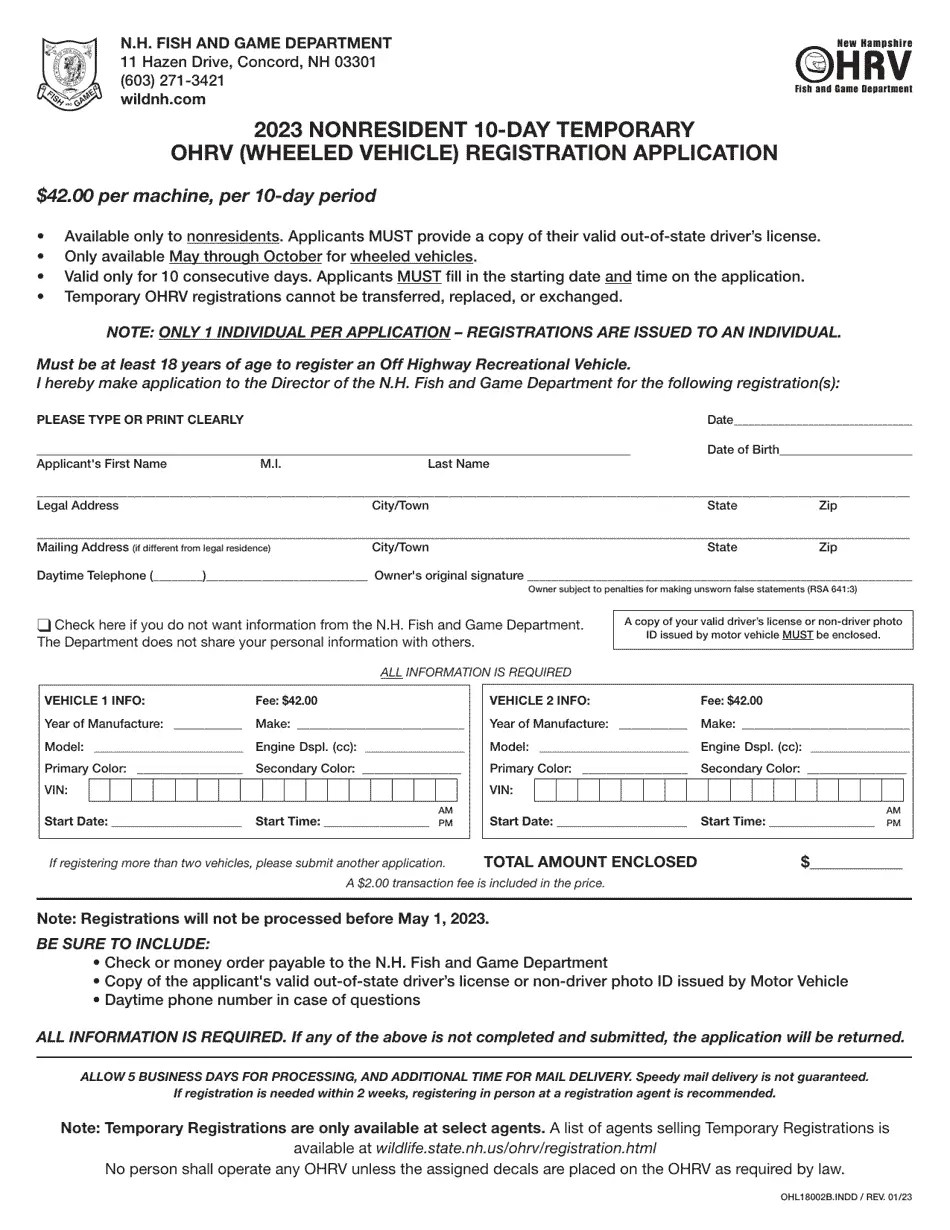 Form OHL18002B Download Printable PDF or Fill Online Nonresident 10day