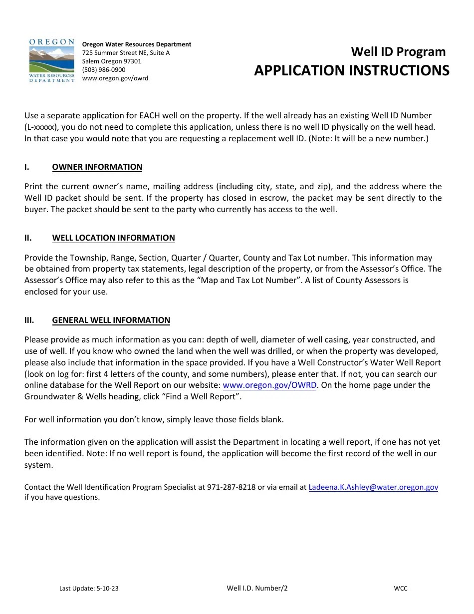 Oregon Application for Well Id Number Download Fillable PDF Templateroller