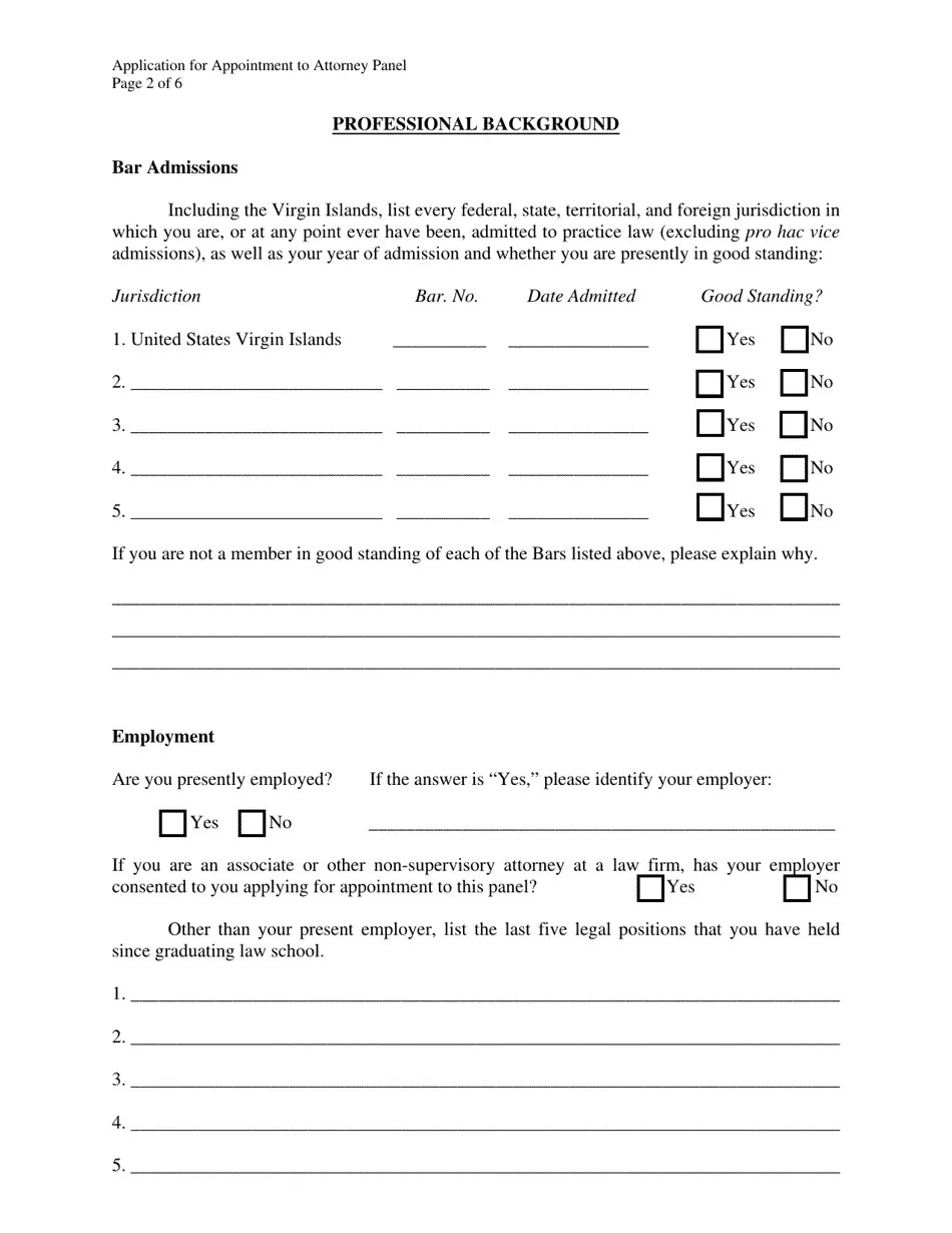 Virgin Islands Application for Appointment to Attorney Panel Fill Out
