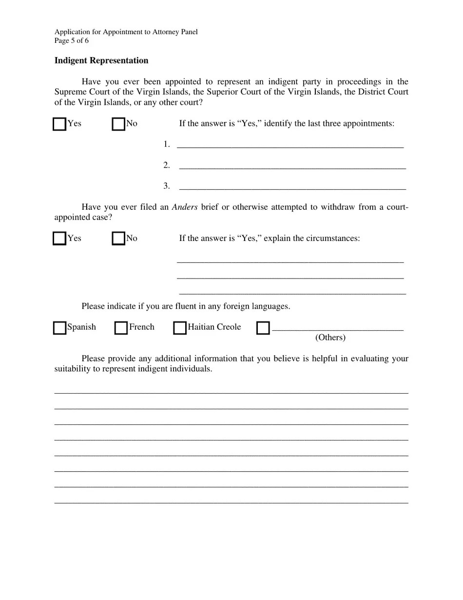 Virgin Islands Application for Appointment to Attorney Panel Fill Out