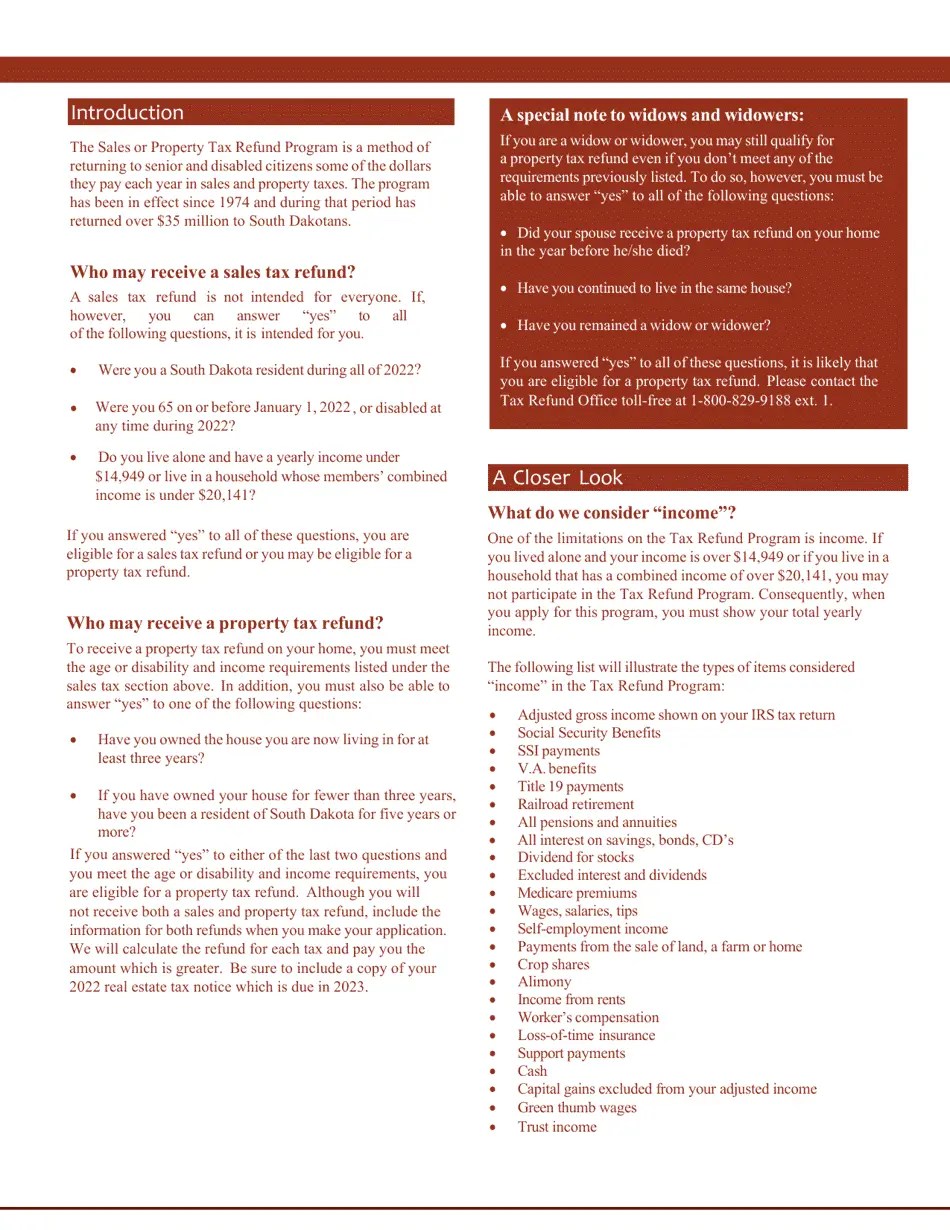 2022 South Dakota Sales or Property Tax Refund Application for Senior