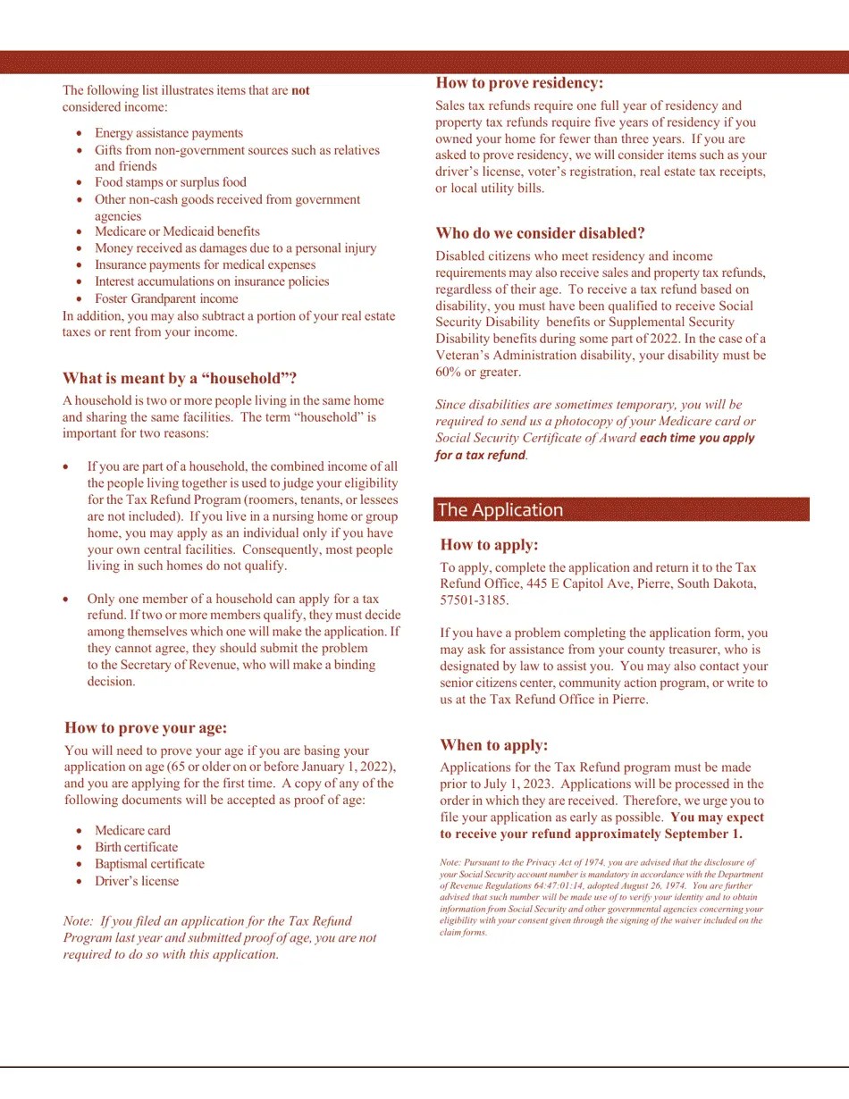 2022 South Dakota Sales or Property Tax Refund Application for Senior