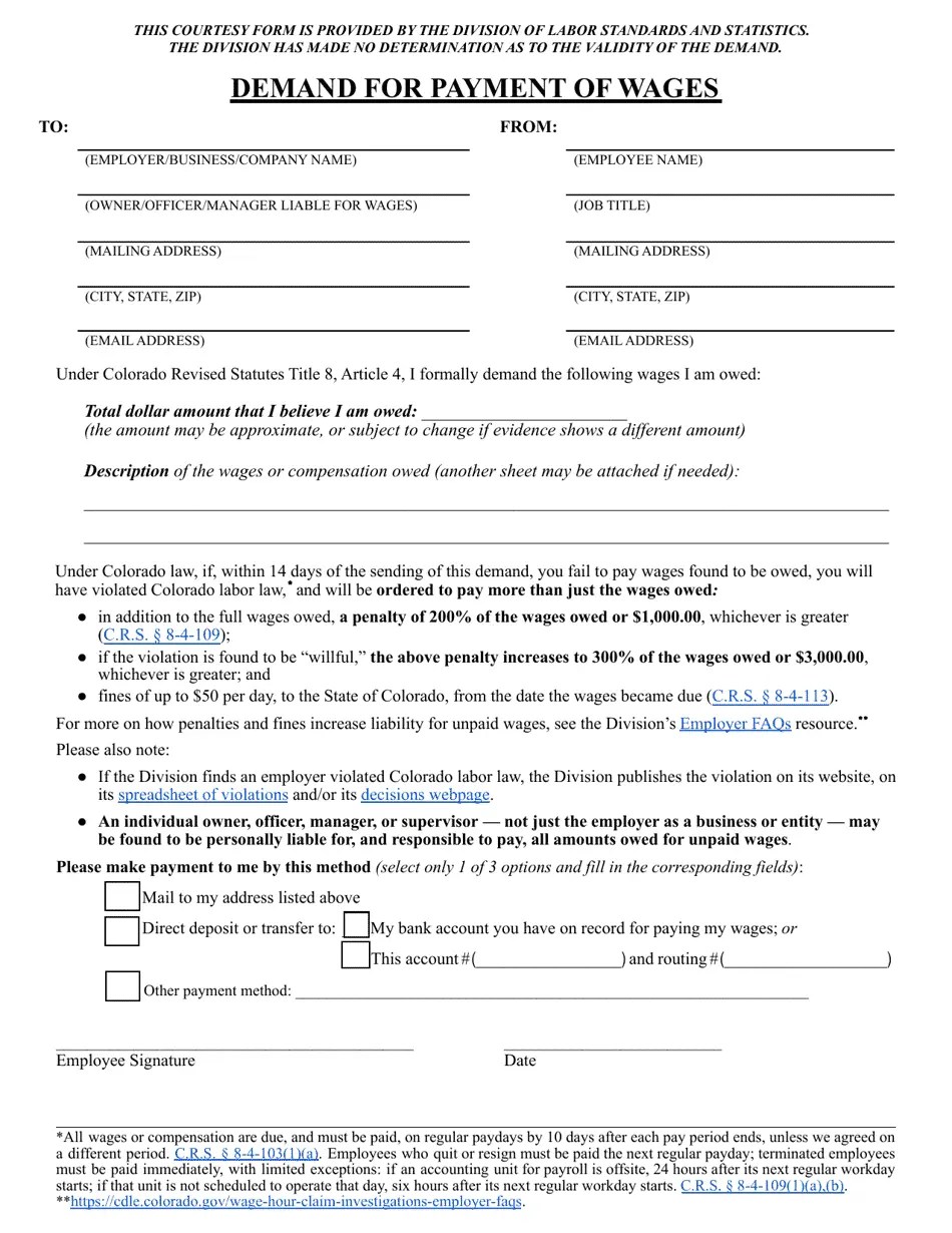 Colorado Demand for Payment of Wages Download Fillable PDF Templateroller