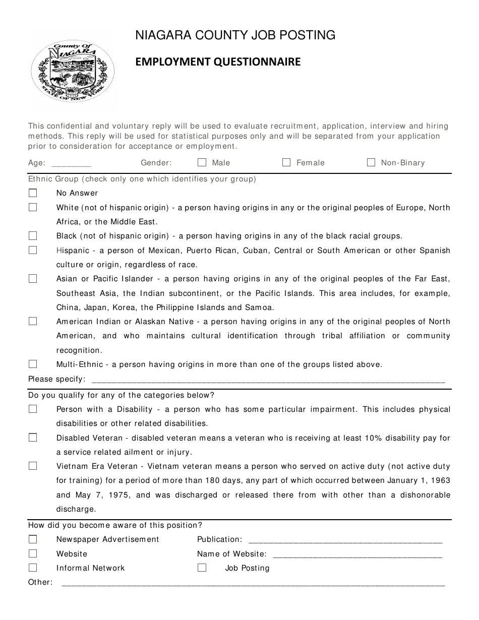 Niagara County, New York Seasonal Employment Application Fill Out