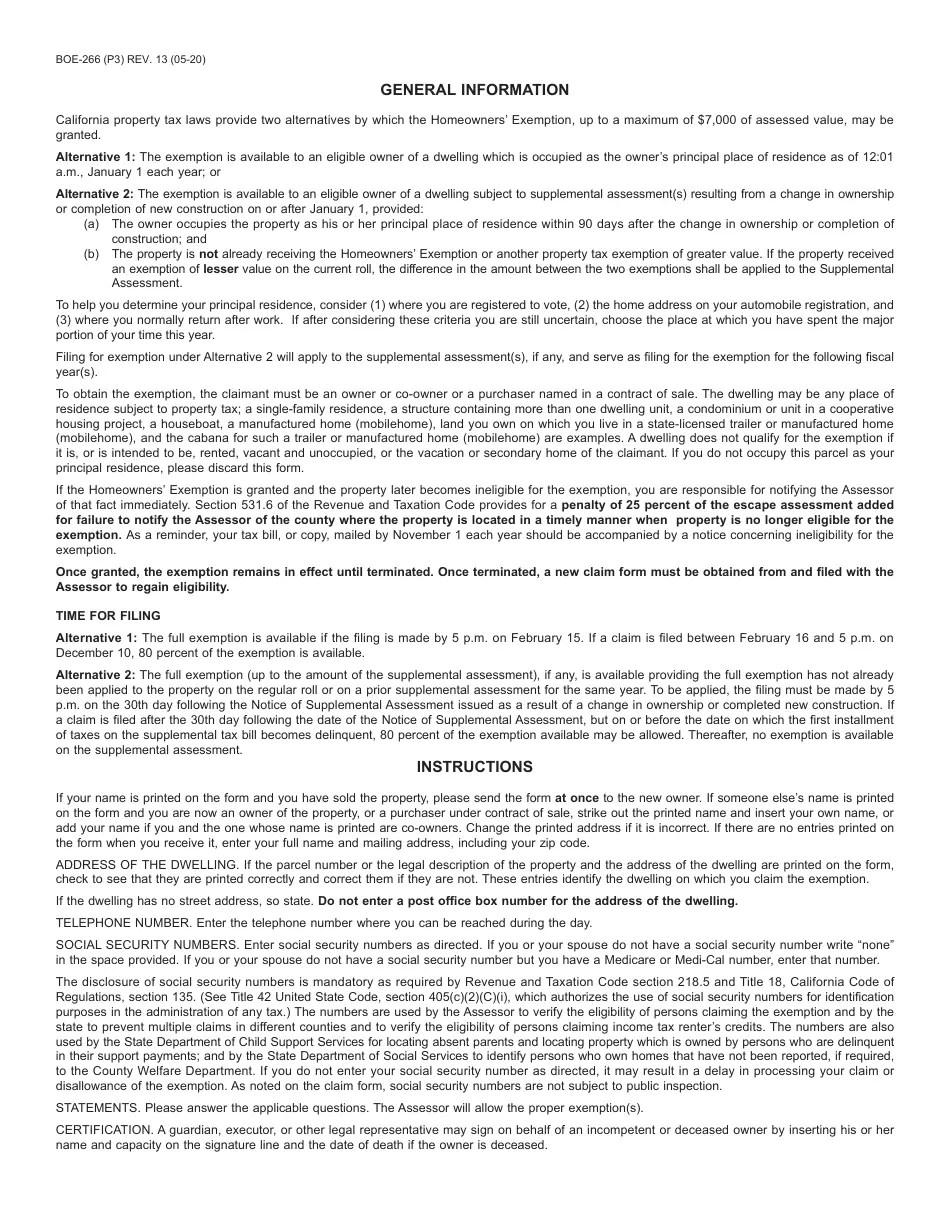 Form BOE266 Fill Out, Sign Online and Download Fillable PDF, Santa Cruz County, California