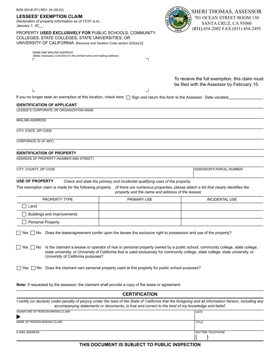 Form BOE263B Fill Out, Sign Online and Download Fillable PDF, Santa Cruz County, California