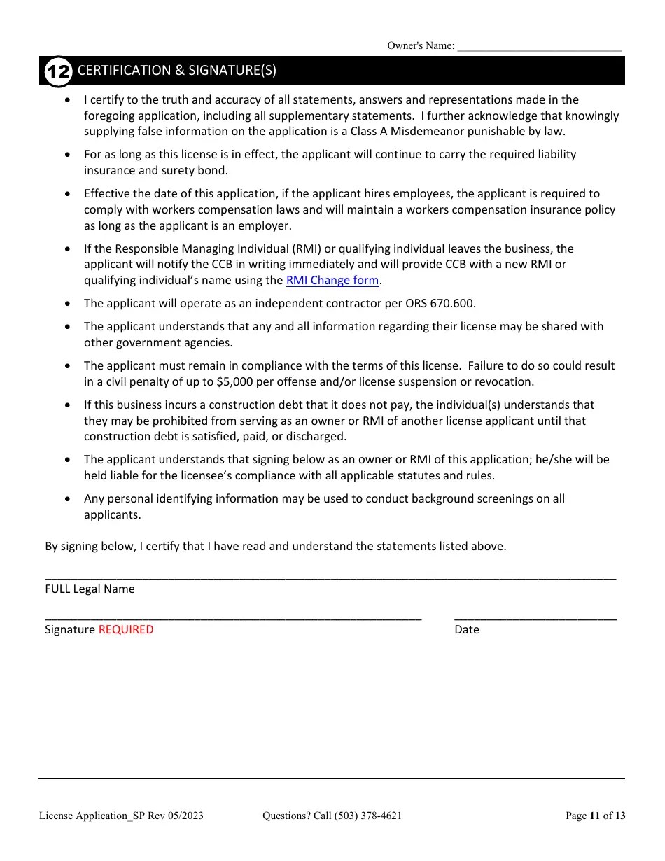 Oregon License Application for Sole Proprietorship (Residential
