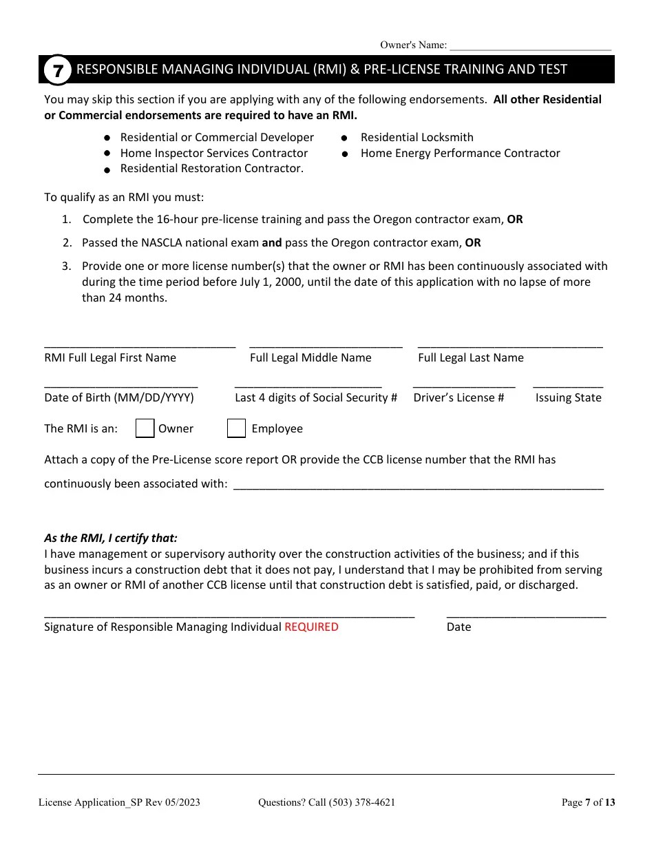 Oregon License Application for Sole Proprietorship (Residential