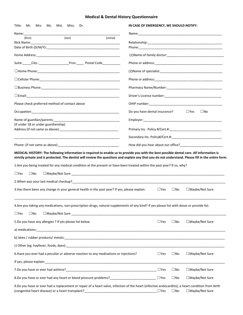 Medical & Dental History Questionnaire Fill Out, Sign Online and
