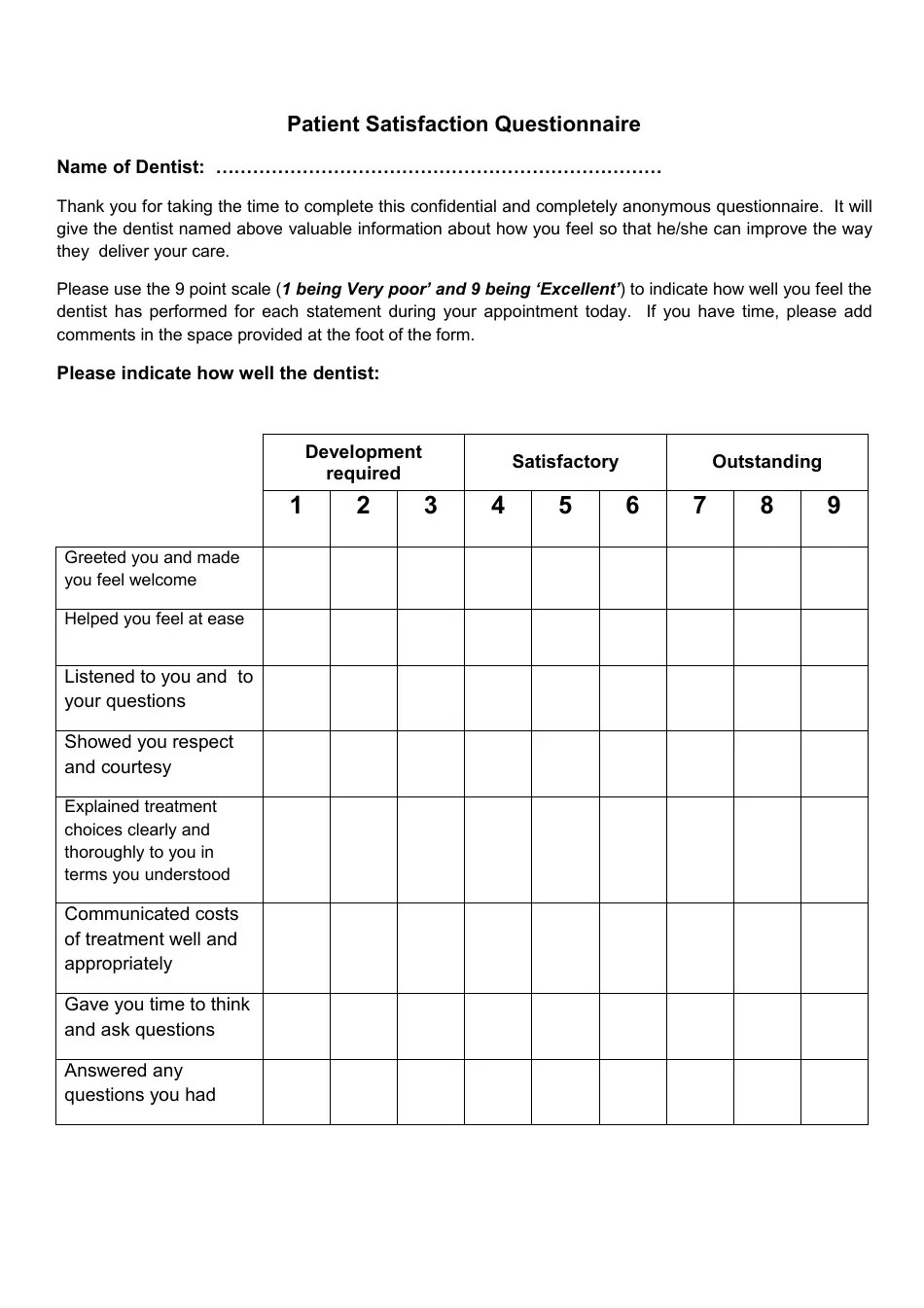 Dental Patient Satisfaction Questionnaire Download Printable PDF Templateroller