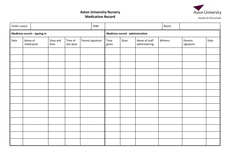 Nursery Medication Form Aston University Fill Out, Sign Online and