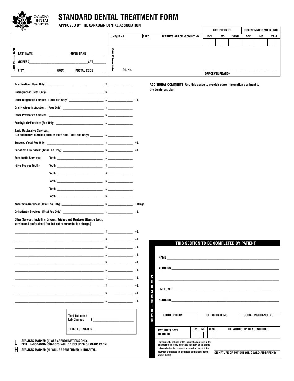 Standard Dental Treatment Form Canadian Dental Association Fill Out