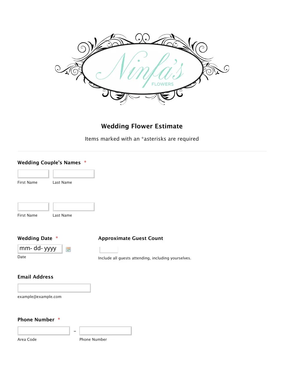 Wedding Flower Estimate Ninfa's Flowers Download Fillable PDF