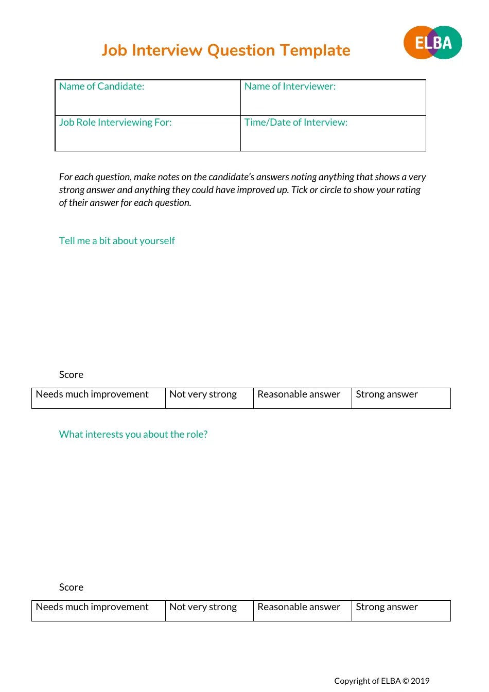 Job Interview Question Template Elba Fill Out, Sign Online and