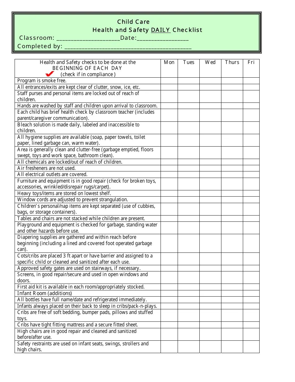 Daily Child Care Health and Safety Checklist Download Printable PDF