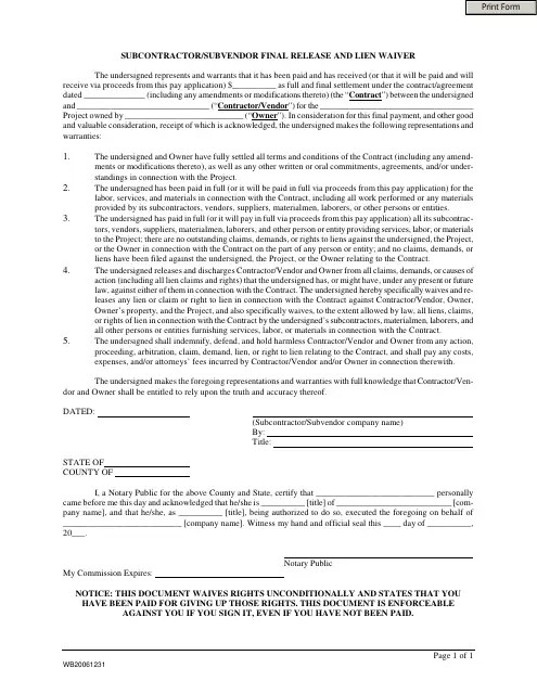 Subcontractor/Subvendor Final Release and Lien Waiver Form Download