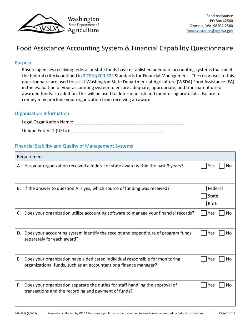 Form AGR2383 Download Fillable PDF or Fill Online Food Assistance