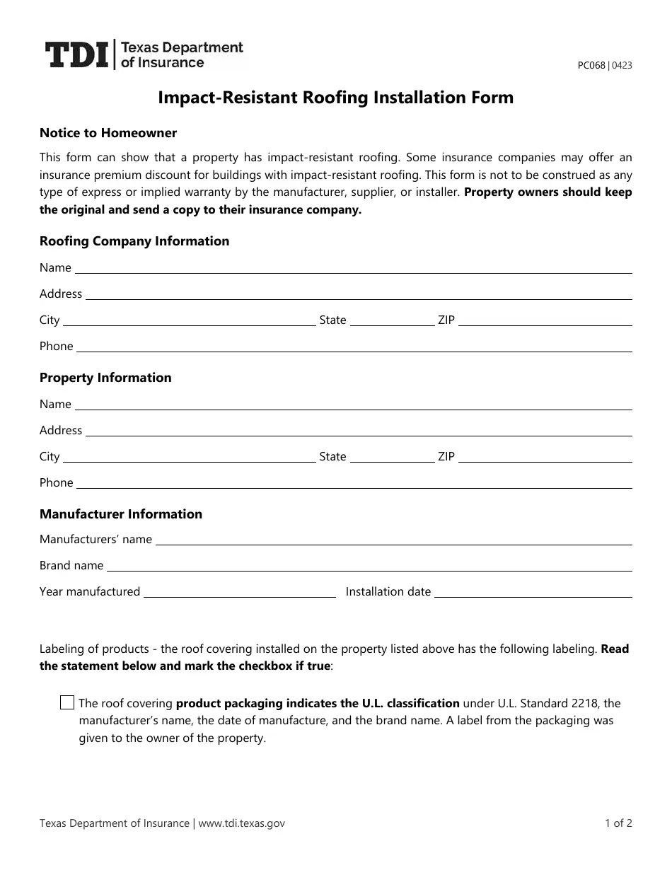 Form PC068 Download Fillable PDF or Fill Online ImpactResistant