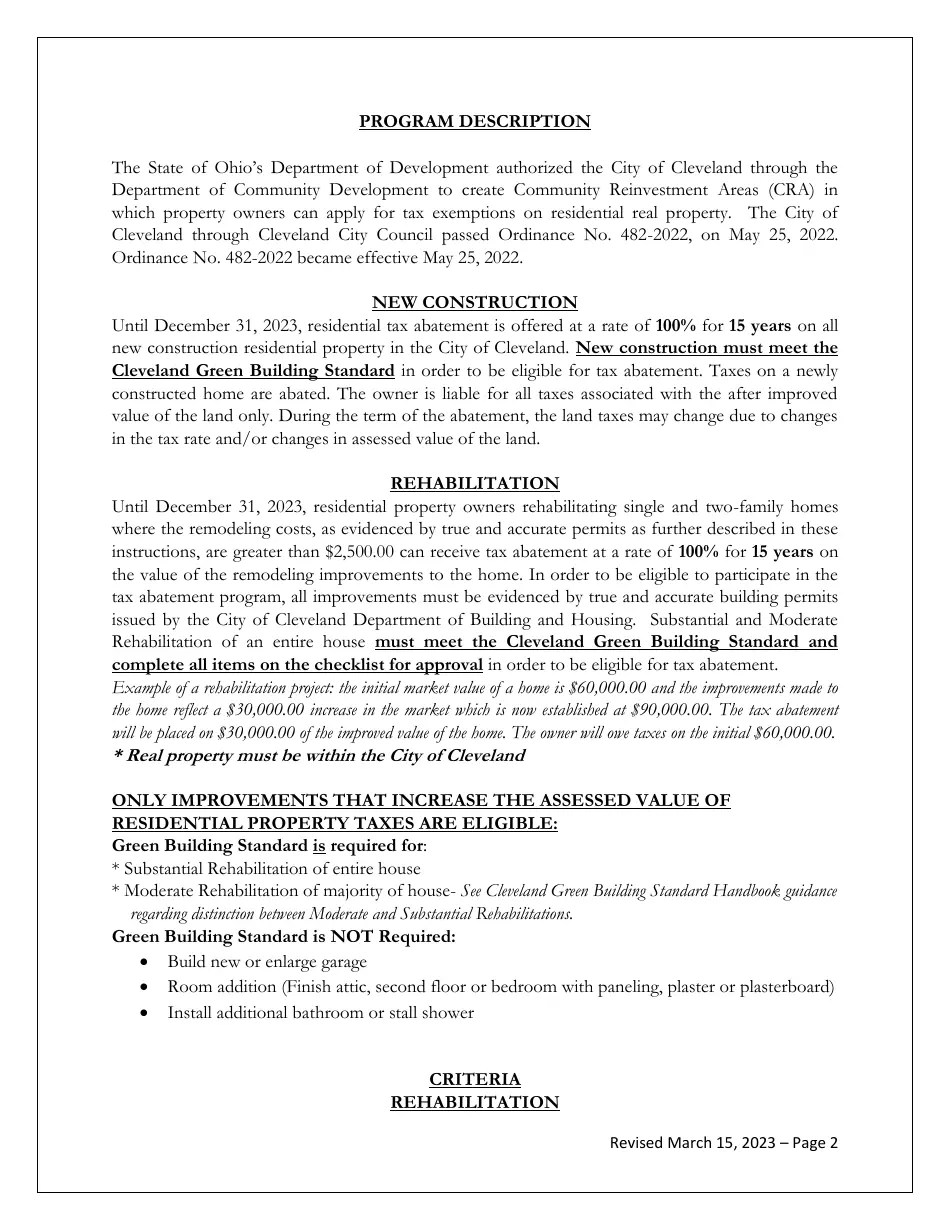 City of Cleveland, Ohio Residential Tax Abatement Single and Two Family