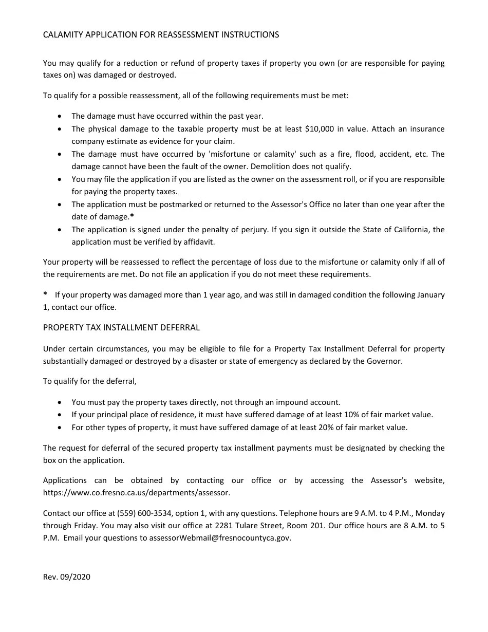 County of Fresno, California Calamity Application for Reassessment