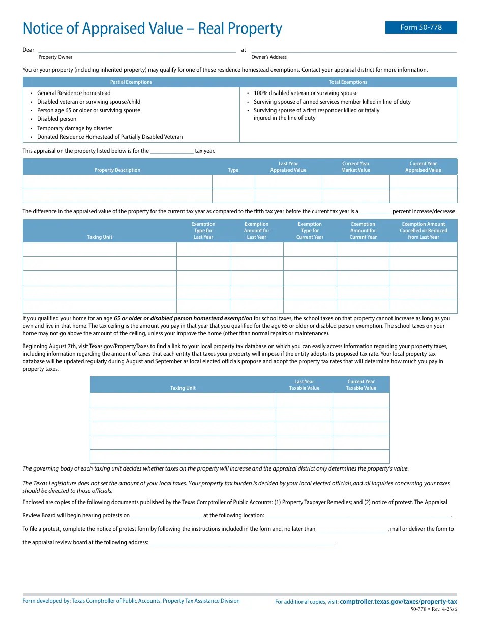 Form 50778 Download Fillable PDF or Fill Online Notice of Appraised
