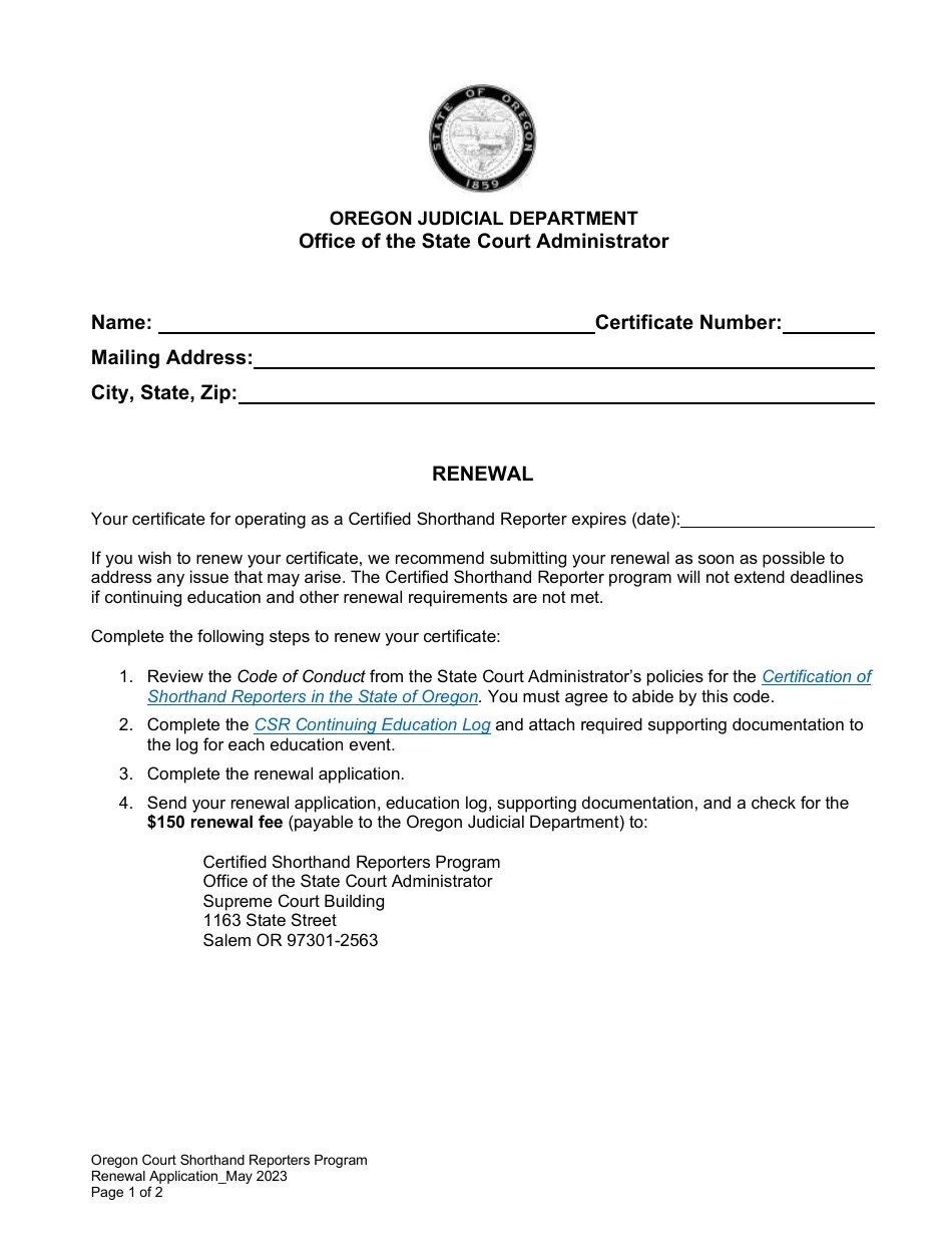 Oregon Renewal Application Oregon Court Shorthand Reporters Program