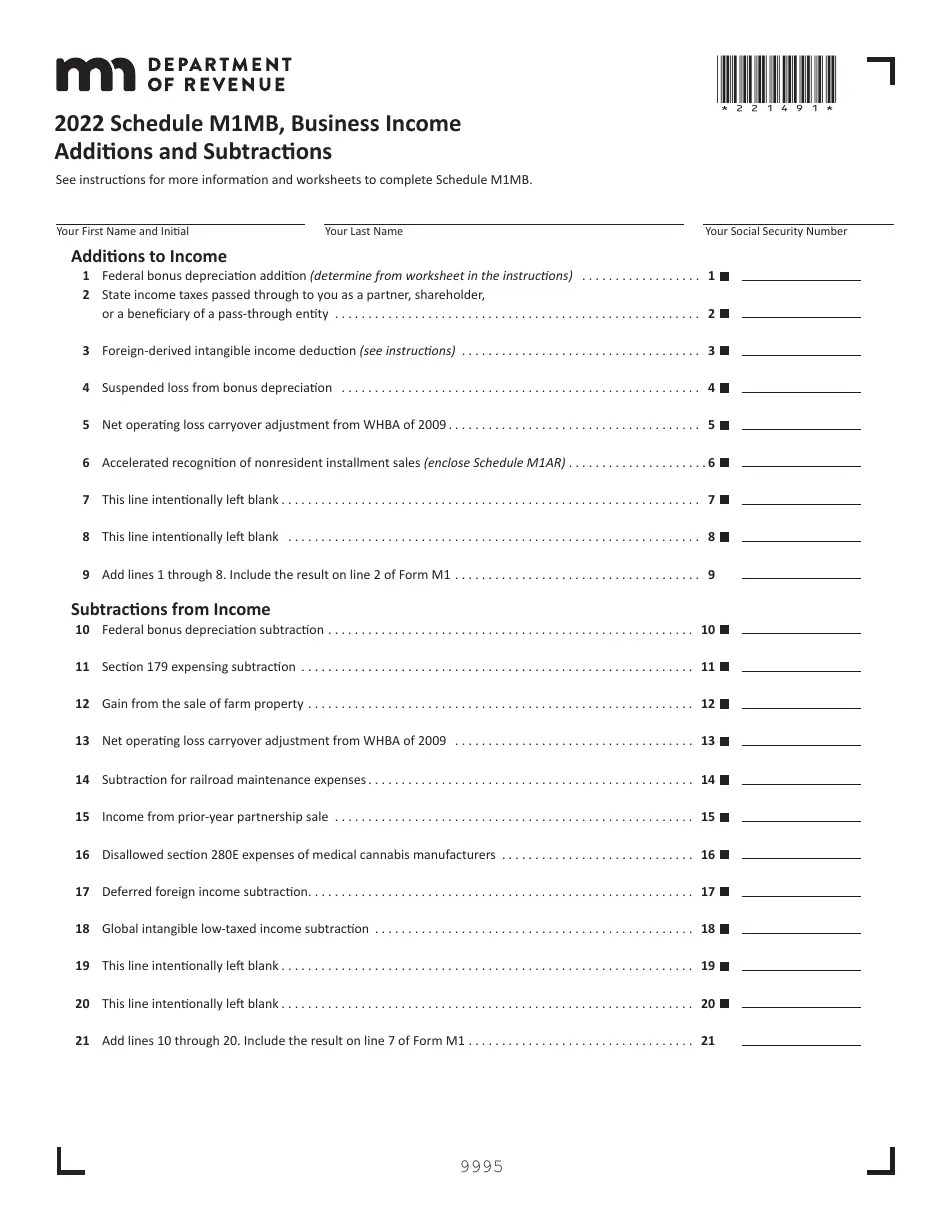 2022 Minnesota Business Additions and Subtractions Fill Out