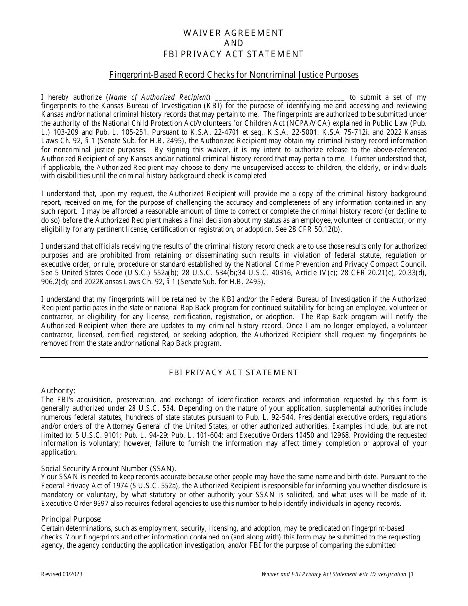 Kansas Waiver Agreement and Fbi Privacy Act Statement Fill Out, Sign