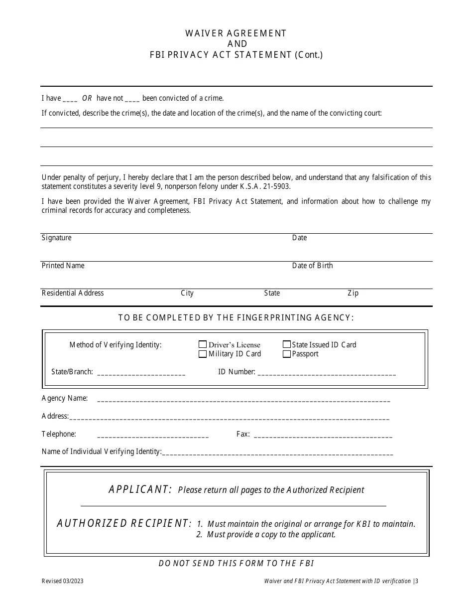 Kansas Waiver Agreement and Fbi Privacy Act Statement Fill Out, Sign