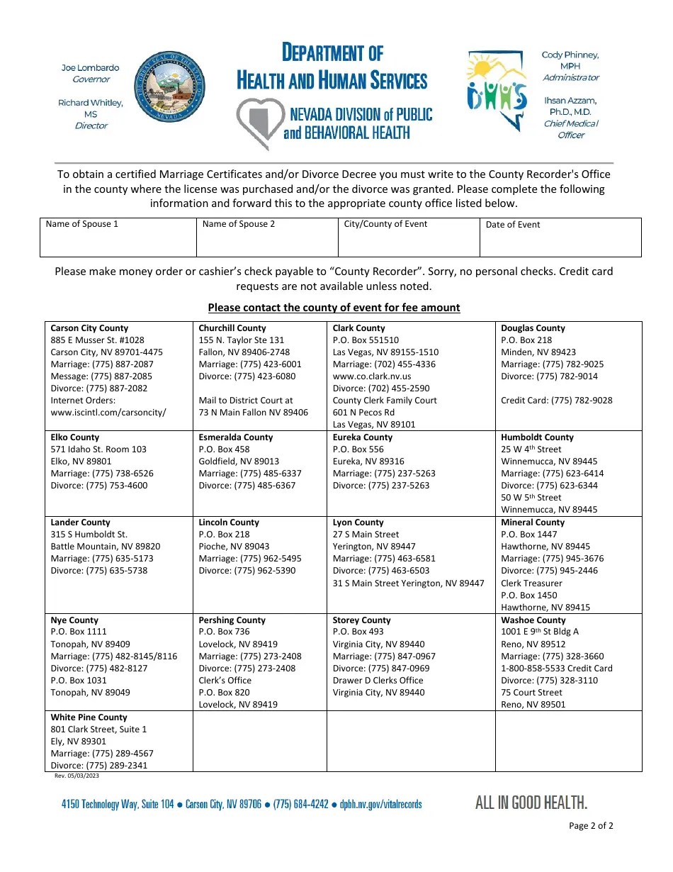 Nevada Request to Search for Marriage or Divorce Records Fill Out