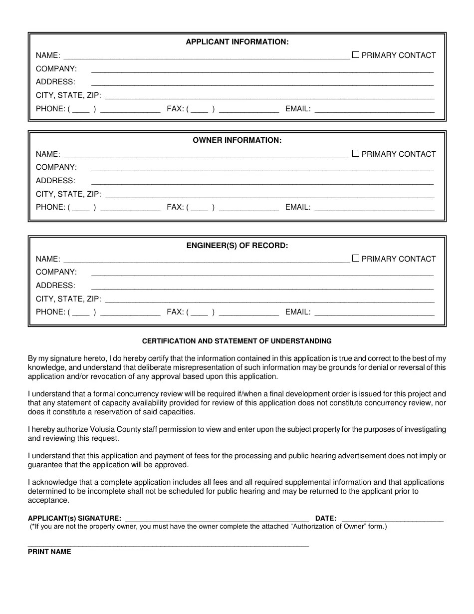 Volusia County, Florida Planning and Zoning Application Form Fill Out