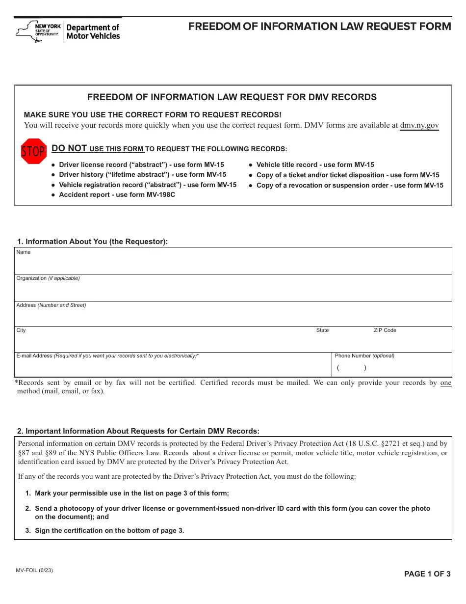Form MVFOIL Download Fillable PDF or Fill Online Freedom of