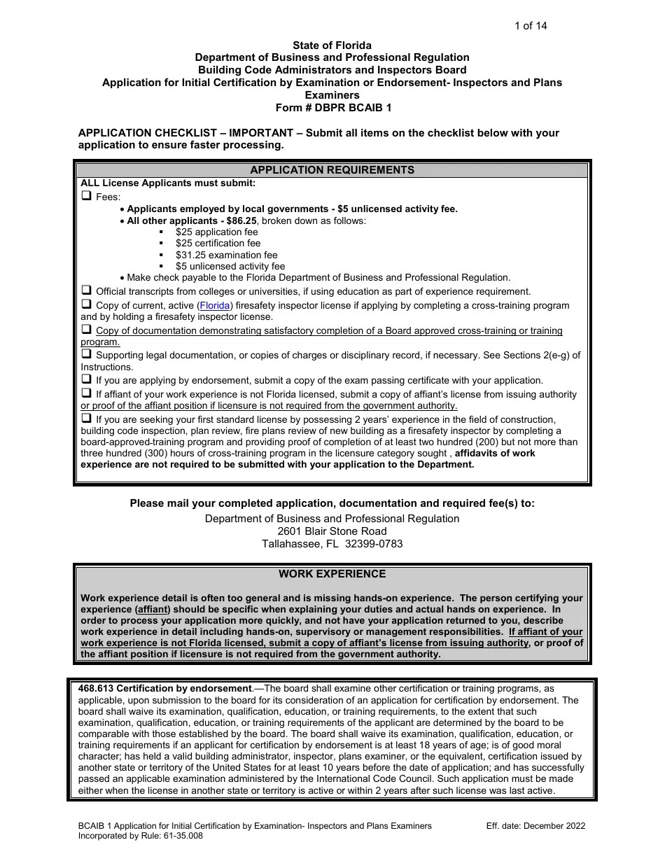 Form DBPR BCAIB1 Download Printable PDF or Fill Online Application for Initial Certification by